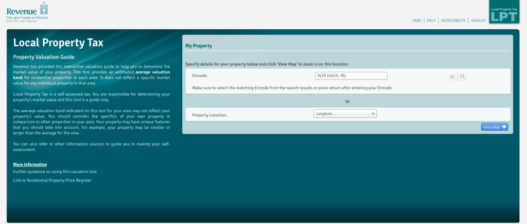 Screenshot of Revenues Local Property Tax online calculator with details of a property entered. 