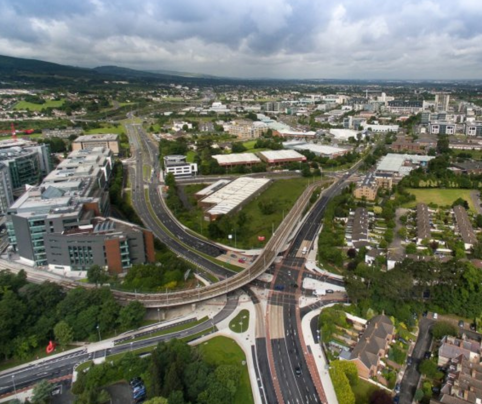 Aerial view of Mount Merrion and Leopardstown in South Dublin showing residential areas, road network and local amenities